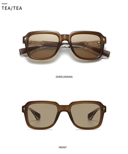 Front and top views of translucent tea brown polygon sunglasses with gold arrow hinges