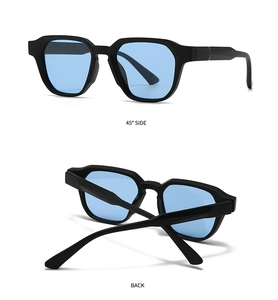 Detail view showing 45-degree side and back of geometric black frame sunglasses with blue lenses
