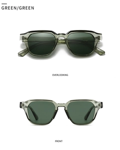 Close-up of retro green polygonal sunglasses from front and top view angles