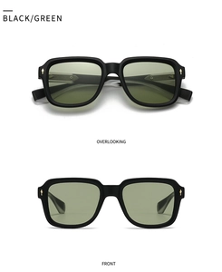Front and top view of retro square matte black sunglasses with green lenses and gold rivets