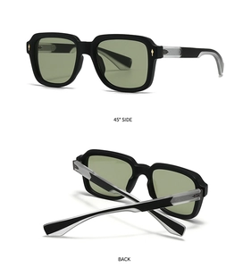 Detailed views showing side and back of polygon sunglasses with green lenses