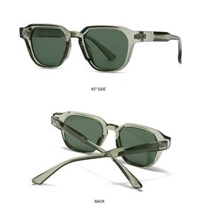 Detail view showing 45-degree side and back of dark green translucent hexagonal sunglasses