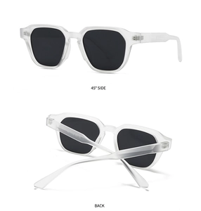 Detail view of modern geometric sunglasses with white matte frame and black polarized lenses