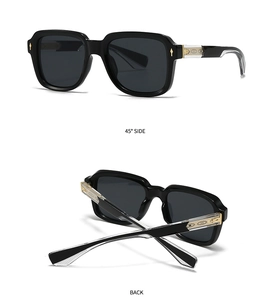 Detailed 45-degree side and back view of black square sunglasses with gold metal accents