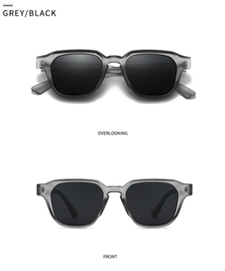 Detail view of modern grey translucent hexagonal sunglasses frame and dark lenses