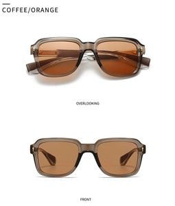 Front and top views of retro polygon sunglasses in coffee resin with orange lenses
