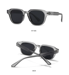 Detail view of translucent grey square sunglasses with dark lenses from side and back angles