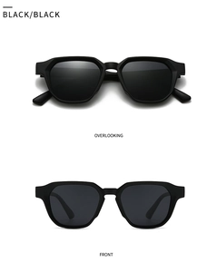 Front and top view of modern black thick frame sunglasses with matte industrial finish