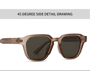 45-degree side view of modern retro round sunglasses with translucent brown frames
