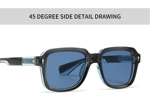 45-degree side view of square sunglasses with dual-tone black and blue frames and gold accents