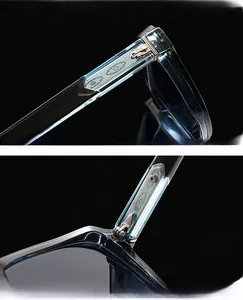 Detail of textured dark blue temples and high-quality metal hinges on polygon sunglasses