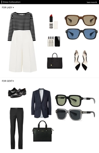 Flat lay of men and women's fashion outfits featuring trendy polygon sunglasses