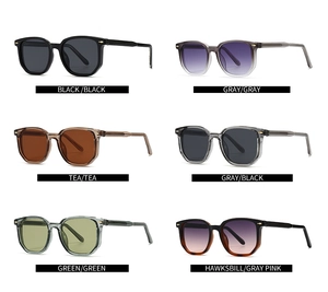 Collage of square oversized sunglasses in black, tea, and tortoiseshell frame variants