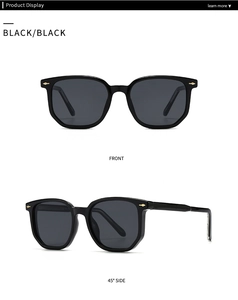Front and side view of black vintage square sunglasses with gold arrow accents