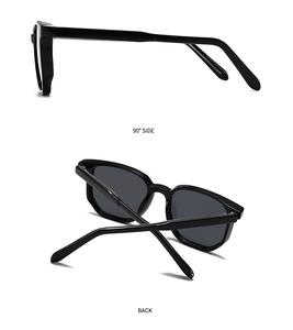 Detailed views of black polygon sunglasses showing 90-degree side and back perspectives