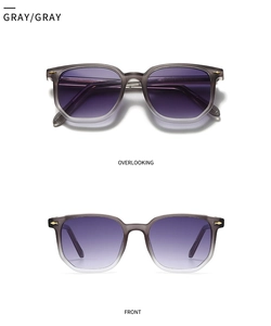 Detailed front and top views of gray polygon sunglasses with purple gradient lenses