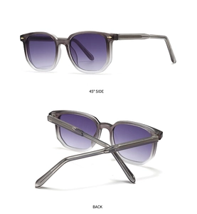 Detail of gradient grey frames and purple lenses showing the 45-degree side and back view