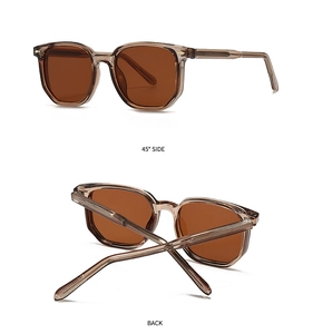 Detailed views showing 45-degree side and back of transparent tea square sunglasses