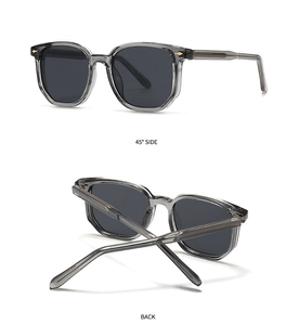 Detail view of 45-degree side and back of translucent grey polygon sunglasses