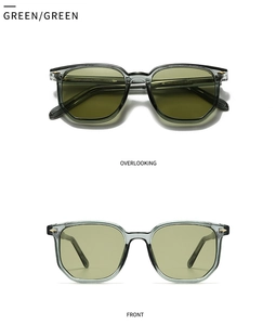 Detailed views of translucent green polygonal sunglasses with metallic rivet accents