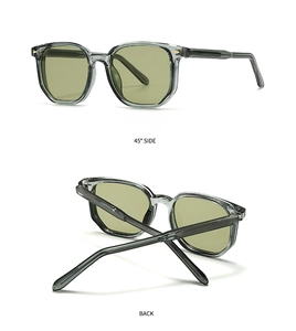 Detail view showing the 45-degree side and back of gray frame sunglasses