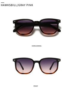 Front and top views of tortoiseshell sunglasses with gray pink gradient lenses