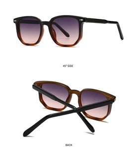 Detailed views of tortoise frame sunglasses with purple gradient lenses from side and back