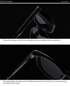 Detail of glossy black polygon sunglasses showing the sturdy hinge and textured frame design
