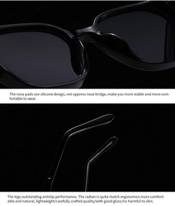 Detailed view of silicone nose pads and anti-slip textured temples on black sunglasses