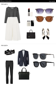 Flat lay of unisex polygon sunglasses styled with professional business and casual outfits