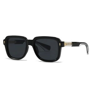 Classic black oversized square sunglasses with gold diamond rivets and engraved metal cores