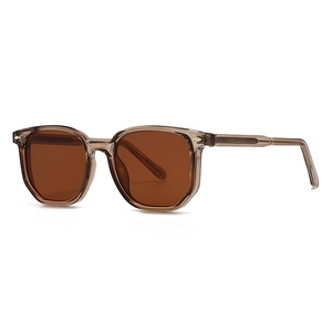 Retro polygon sunglasses with translucent tea-colored frames and metal rivet accents