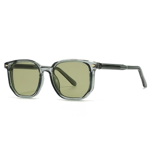 Retro polygon sunglasses with translucent grey frame and olive green lenses for men and women