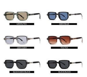 Detailansicht von sechs Farbvarianten der Retro-Quadrat-Sonnenbrille mit Metallverzierung