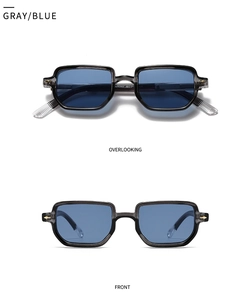 Detailansicht der Vintage-Sonnenbrille mit grauem Rahmen und blauen Gläsern, Modell MZ62007