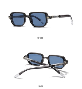 Detailansicht der quadratischen Sonnenbrille mit Metallscharnieren und durchscheinenden Bügeln