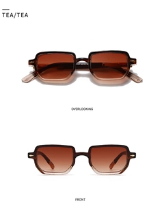 Detailansicht der rechteckigen Retro-Sonnenbrille mit Teegradienten und transparentem Rahmen