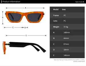 Detailed size specifications and measurements chart for square retro fashion sunglasses