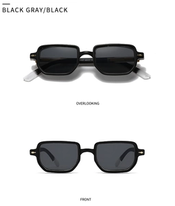 Vorder- und Draufsicht der schwarzen quadratischen Sonnenbrille mit Metallnieten