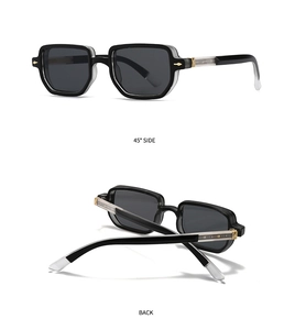 Retro-Sonnenbrille mit schwarzem Rahmen und Detailansicht der Bügel mit Metallkern