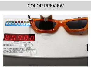 Detail showing square vintage sunglasses undergoing professional UV400 protection testing