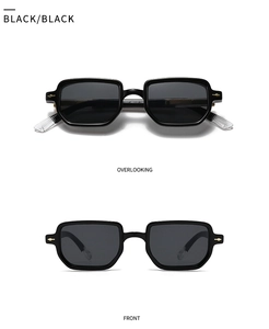 Detailansicht der schwarzen rechteckigen Sonnenbrille mit Goldgelenken und dunklen Gläsern
