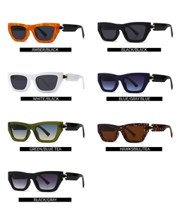 Detailed grid of oversized square sunglasses in seven assorted colors with metal accents