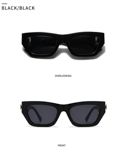 Close-up of square thick-frame sunglasses with elegant gold metal hinge accents