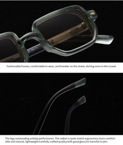 Detailansicht der rechteckigen dunkelgrünen Sonnenbrille mit Goldnieten und Bügelstruktur