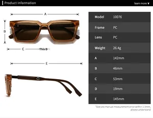 Tableau des tailles détaillé pour lunettes de soleil polarisées rétro avec dimensions