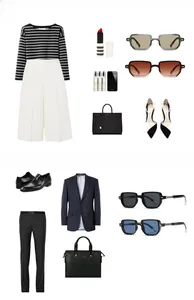 Flat-Lay-Ansicht der Retro-Sonnenbrille kombiniert mit Business-Kleidung und Accessoires
