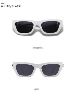 Flat lay and front view of retro square white frame sunglasses with black lenses