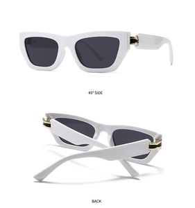 Detail view of square white sunglasses with dark lenses and gold decorative hinges