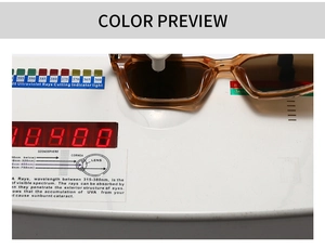 Test de protection UV détaillé sur lunettes de soleil carrées polarisées couleur ambre
